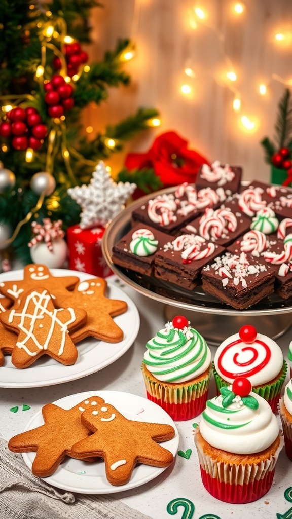 A collection of Christmas baked treats including gingerbread cookies, peppermint brownies, and festive cupcakes on a decorated table.